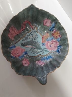 Decorative Green Floral Ceramic Bowl - Pink Flower Accent